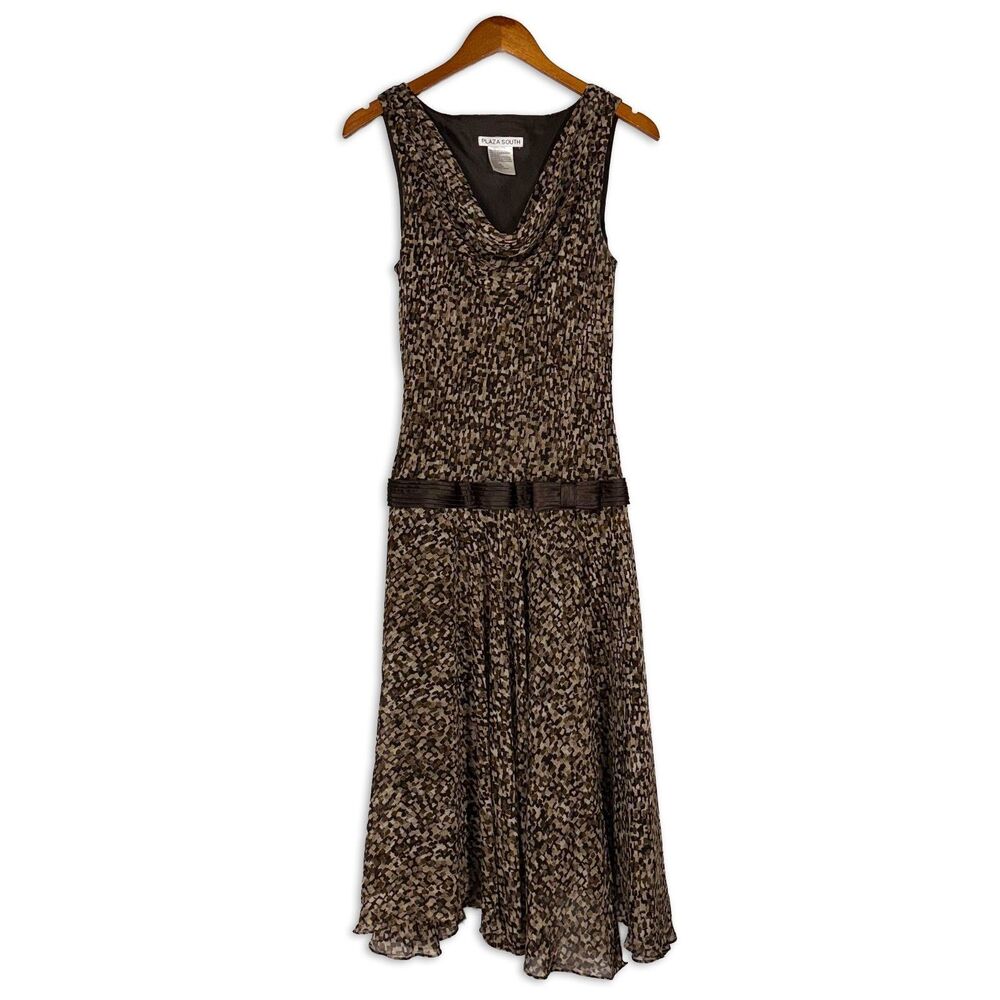 Plaza South Y2K Abstract Print Cowl Neck Drop Waist Midi Dress Retro Size 8